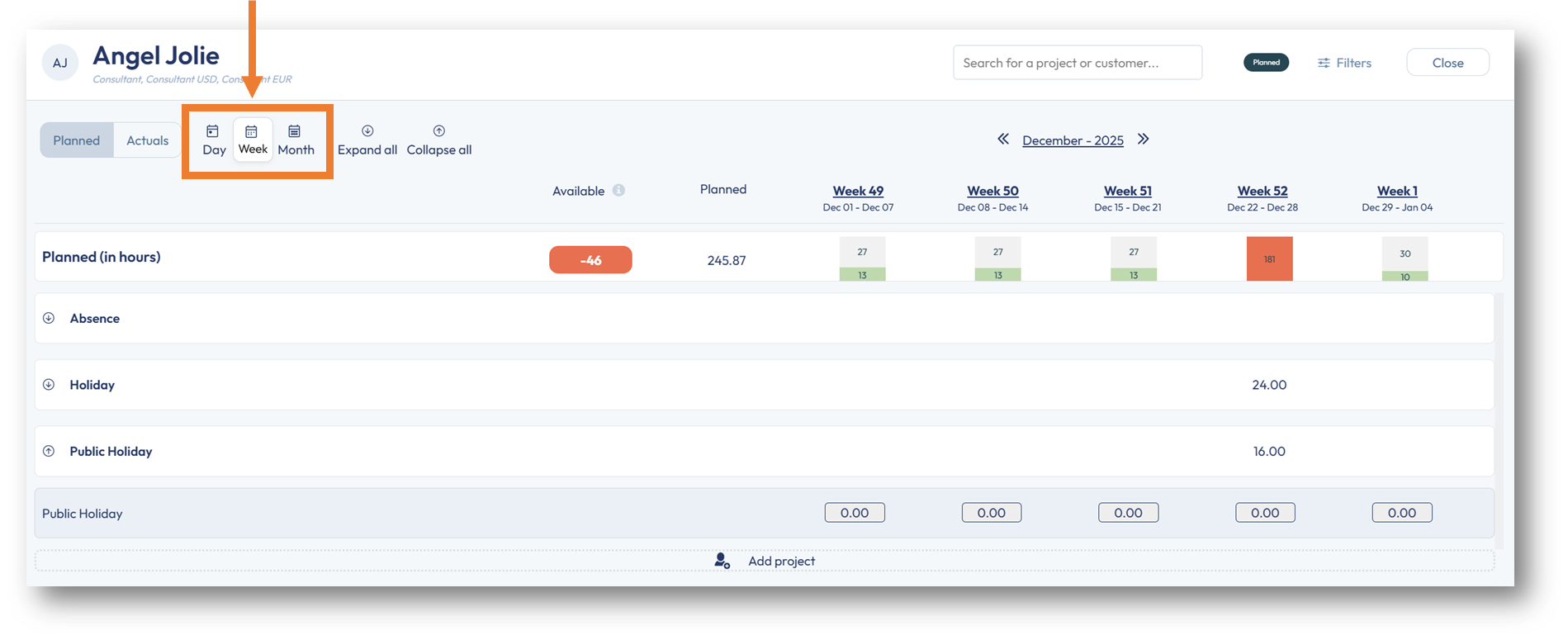 Resource planning breakdown by month, week or day