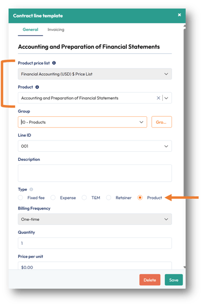 Contract line template properties