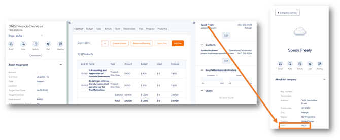 Project showing the company linked to the customer record with an SAP ID