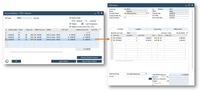 Product invoice sent to SAP Business One