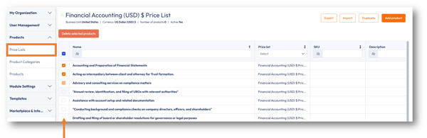 Price list showing product multi-select