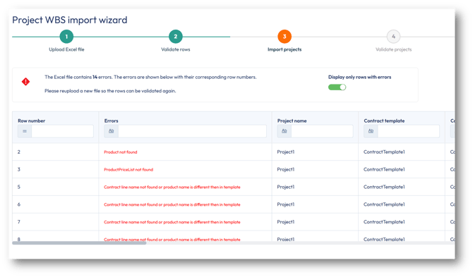 The advanced import wizard validates the imported WBS template file and displays any errors