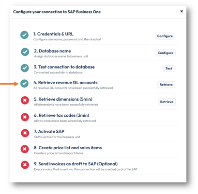 In&nbsp;Step 4: Retrieve revenue GL accounts, click the&nbsp;Retrieve button. Depending on the number of GL accounts, this step may take a couple of&nbsp;moments. Once complete, this step will be marked as successful