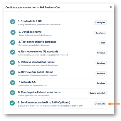 Step 9: Send invoices as draft to SAP is optional. By activating this step, you can send draft invoices directly to SAP, allowing the invoices to be reviewed, adjusted, and validated before final posting. At any time, this step can be deactivated.