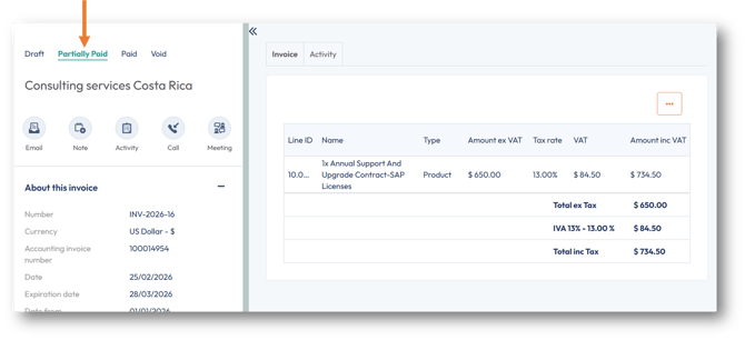 Partially Paid invoice stage in PSOhub when SAP Business One marks an invoice as partially paid.