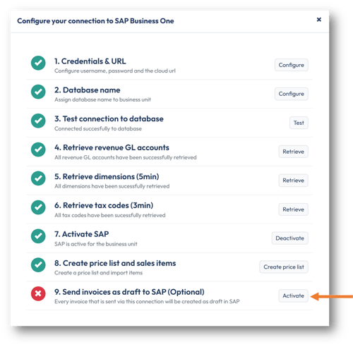 Configure connection to SAP Business One and select Step 9: Send invoices as draft to SAP