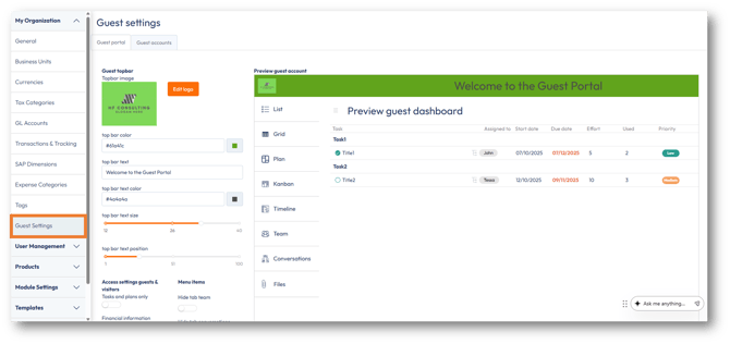 Guest Settings under the My Organization menu