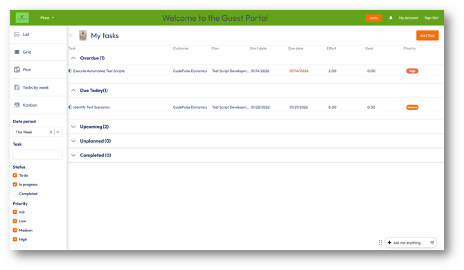 Guest portal with Tasks and Plans only access