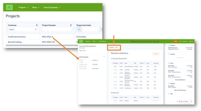 Projects module with guest access to planned hours vs used and tasks information