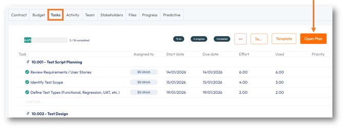 In the project, go to the Tasks tab and click Open Plan