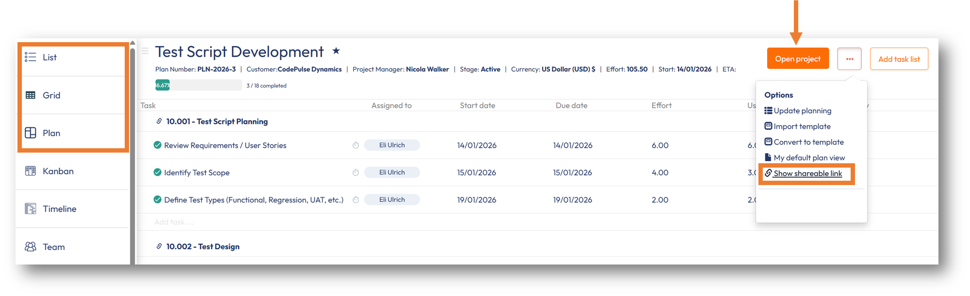 The shareable link is available in the List, Grid or Plan view.