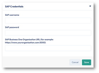 SAP credentials window to log in with user name, password and SAP Business One organization URL