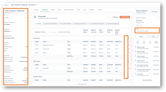 PSOhub Lucid redesigned project layout with inline contract lines and budget and margin alerts