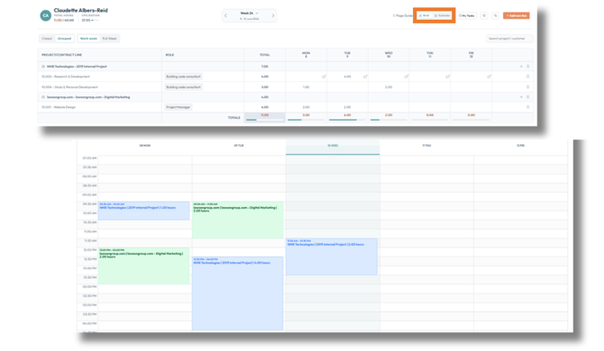 PSOhub Lucid Unified timesheet with daily totals and calendar view