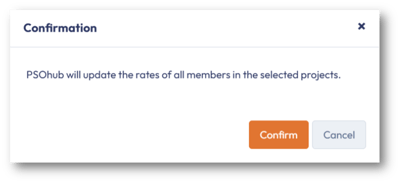 Confirmation message to proceed with increasing the rates of all team members on the selected projects