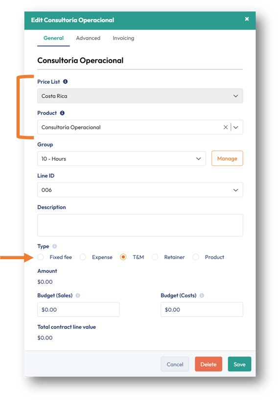 Select the Price List and Product from SAP Business One to the contract line in PSOhub.