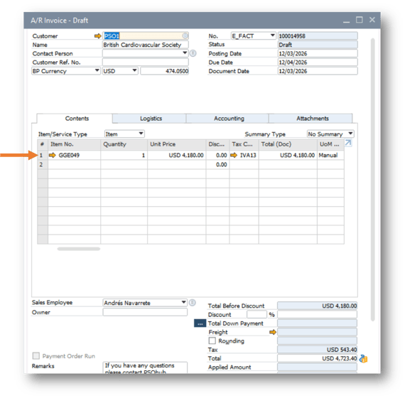 The invoice sent from PSOhub will be mapped to the corresponding SAP item in SAP Business One