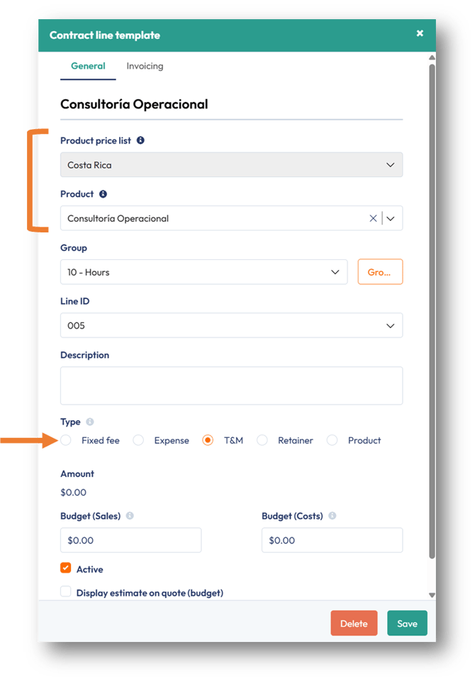 In the contract template, select the Price List and Product from SAP Business One to the contract line in PSOhub.