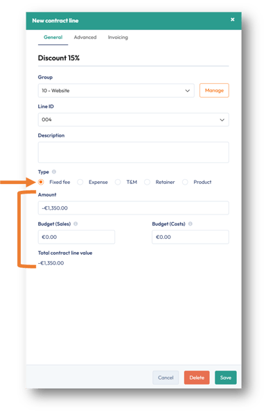 New contract line properties to enter a negative fixed fee amount