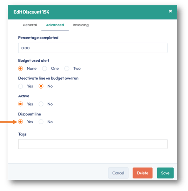 In the Advanced tab, select Yes for a Discount line
