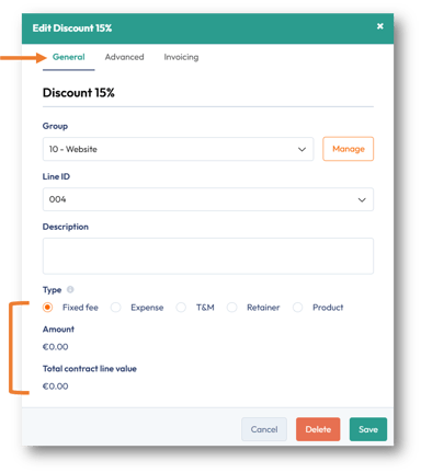 Back in the General tab, notice the discount is defaulted to a 0 fixed fee amount