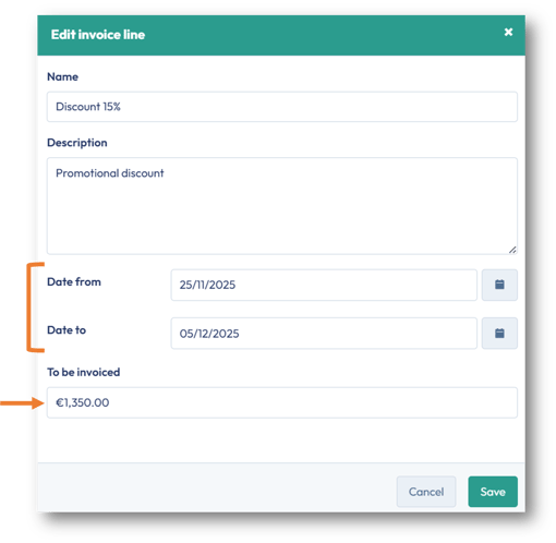 Edit the invoice line to add an optional description and if connected to Exact Online, add the date period the discount is valid.