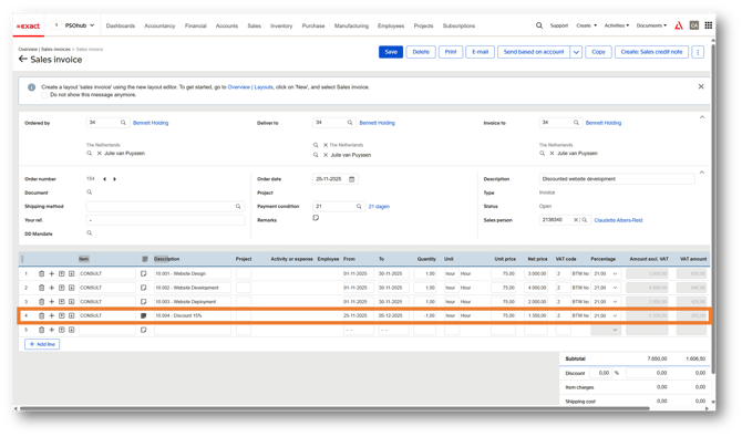 Exact Online showing the invoice details and period from and to dates