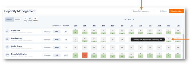 Search and tooltips in Capacity Managment