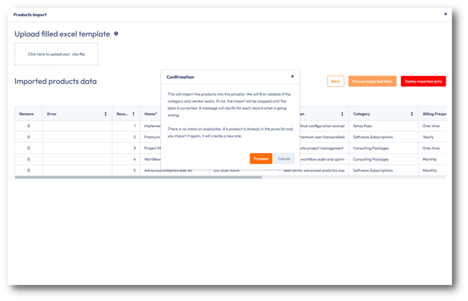 Confirmation message for import