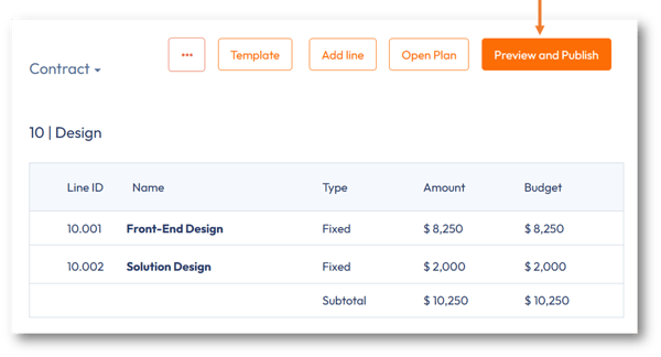 Contract tab with Preview and Publish button