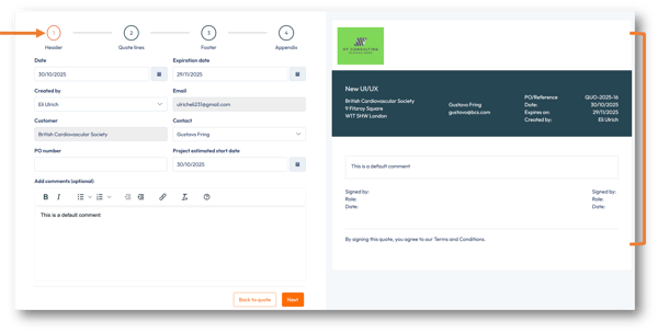 Step 1: Header information of quote in preview