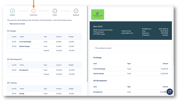Step 2: Quote contract lines displayed in preview