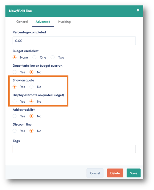 Contract line's Advanced tab to modify quote