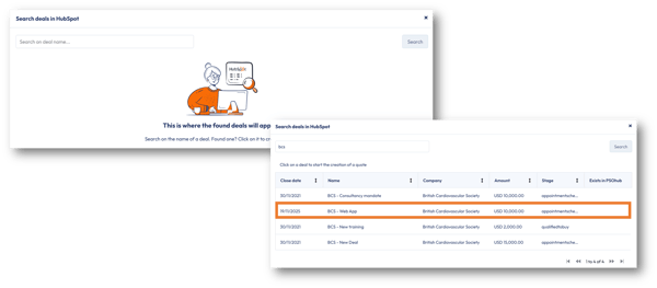 Search for HubSpot deal to create the quote