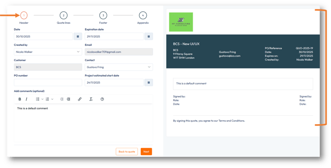 Step 1: Header information of quote in preview
