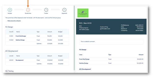 Step 2: Quote contract lines displayed in preview