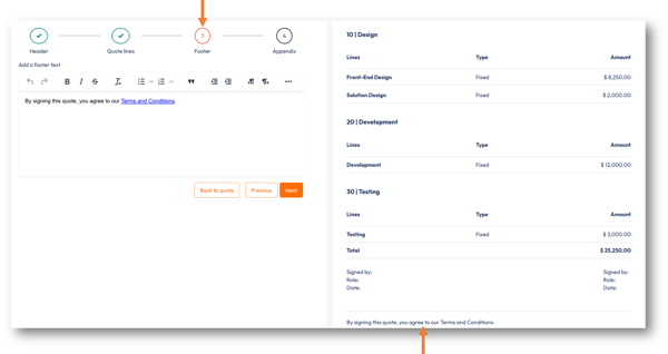 Step 3: Footer information for the quote