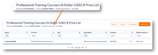 The example Professional Training Courses price list