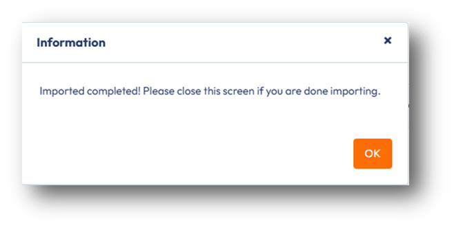 Confirmation of import completion message